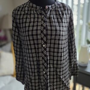 Tommy Hilfiger Black and White w Gold Accents Plaid Blouse